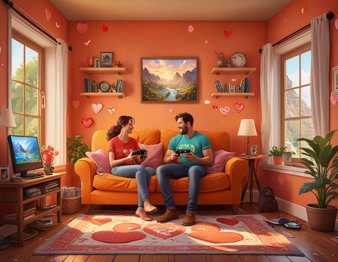 A romantic and adventurous illustration featuring a couple joyfully playing video games together, surrounded by symbols of love like heart-shaped icons and protective shields. The background showcases a blend of gaming landscapes and a cozy home setting, emphasizing protection and togetherness. Soft, warm colors to create an inviting atmosphere. whimsical art style. vibrant colors. digital painting.
