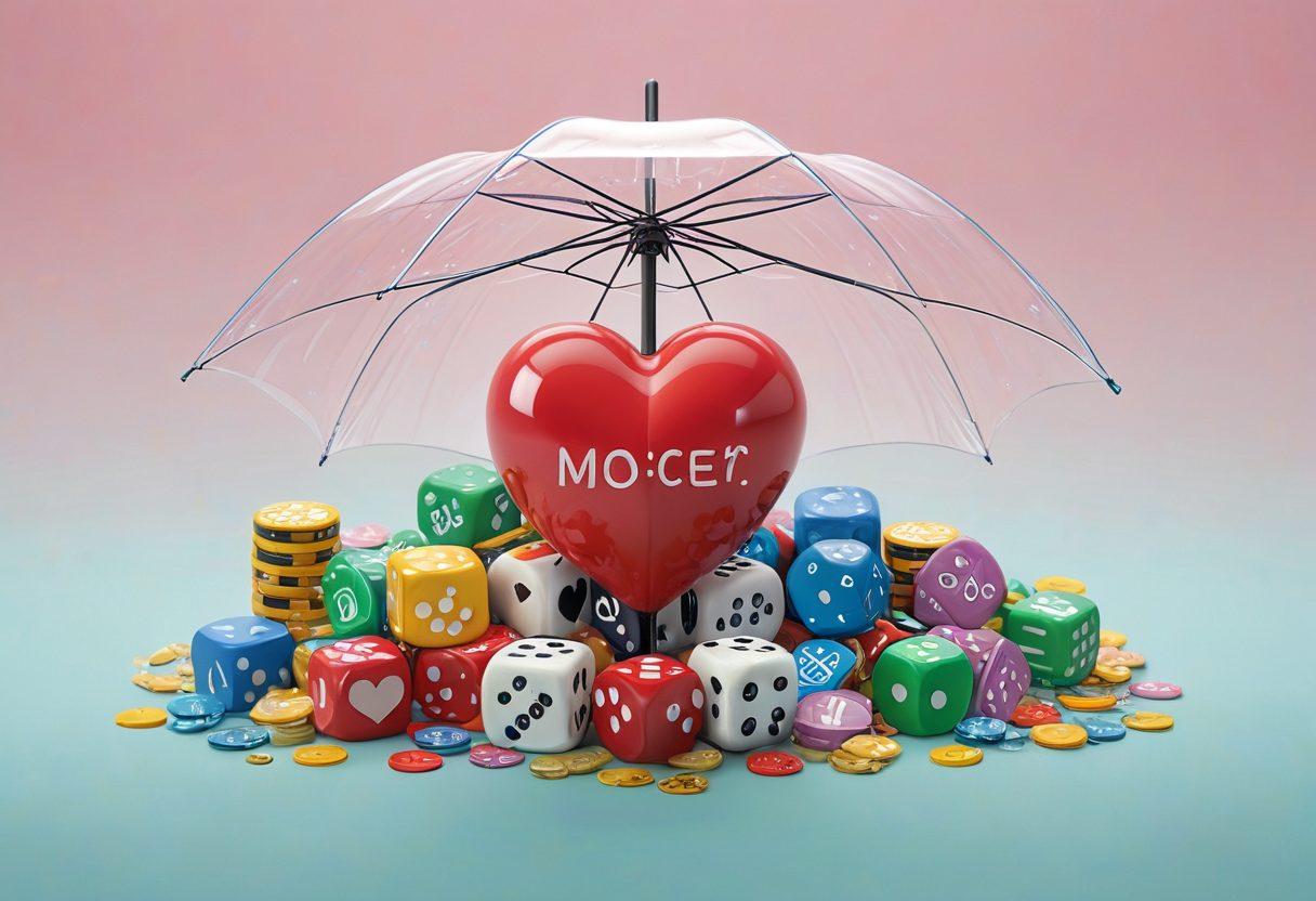 A heart symbol intertwined with game icons like dice and tokens, surrounded by protective elements like an umbrella and a shield, all set against a serene background of soft pastel colors. The composition should evoke the harmony between love, gaming, and insurance, with subtle hints of quotes integrated into the design. Super-realistic. Vibrant colors.