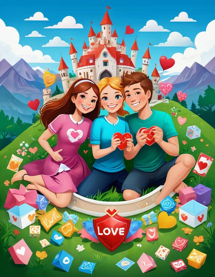 A whimsical illustration of a couple gaming together, surrounded by playful icons of hearts and shields representing love and protection. In the background, vivid gaming landscapes blend with scenes of romantic adventures, like shared dinners and scenic travels. The couple is smiling and engaging in a cooperative game, symbolizing teamwork and unity. Include soft, vibrant colors to enhance the joyful atmosphere. cartoon style. vibrant colors. white background.